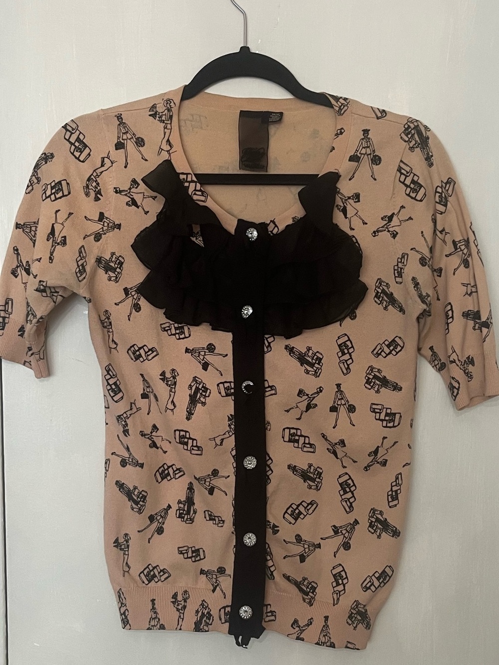 Nude tan and black printed Ruffle Front short sleeve Cardigan with Black Trim